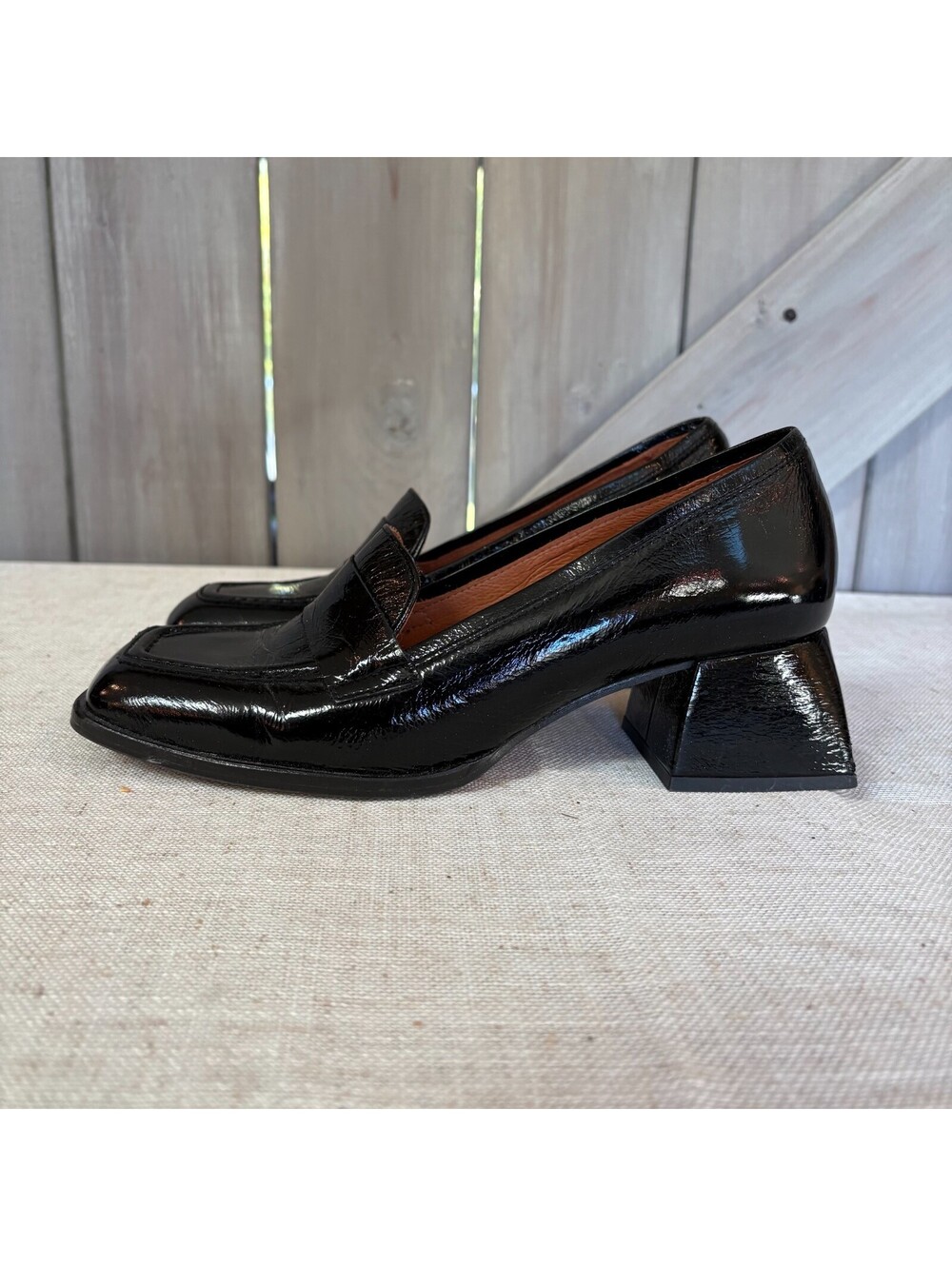 Leather black patent loafers 2" square heels made in Spain size 37 retro look